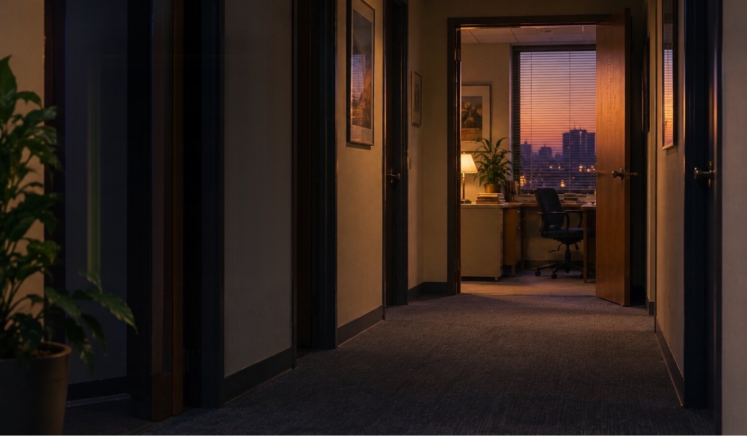 After-hours office corridor with an open door overlooking the sunset